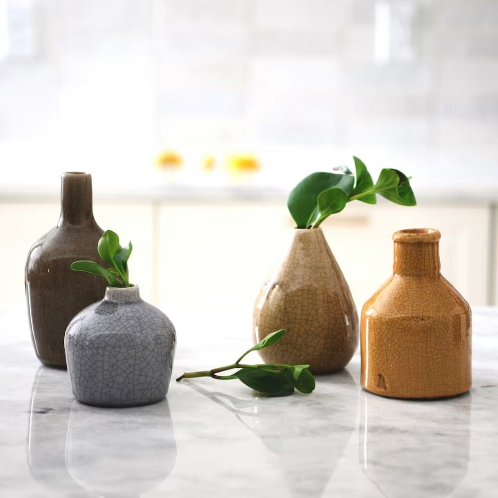 Stoneware Crackle Glaze Bud Vase Set in Grey & Mustard Tones/NWT